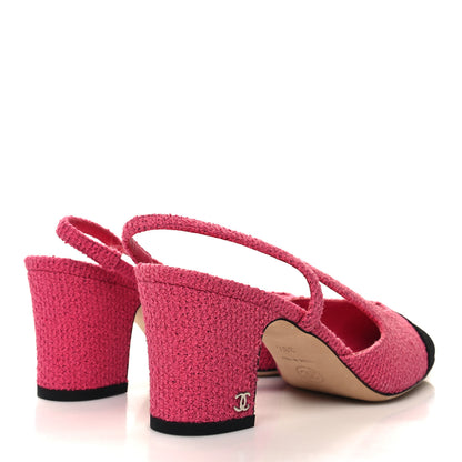 Chanel Tweed Grosgrain Cap Toe CC Slingback Pumps 38.5 Pink Black 4 of 8