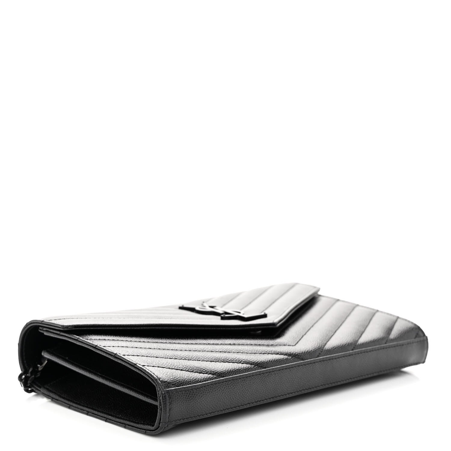 Saint Laurent Grain De Poudre Matelasse Chevron Monogram Monochrome Chain Wallet Black 4 of 9