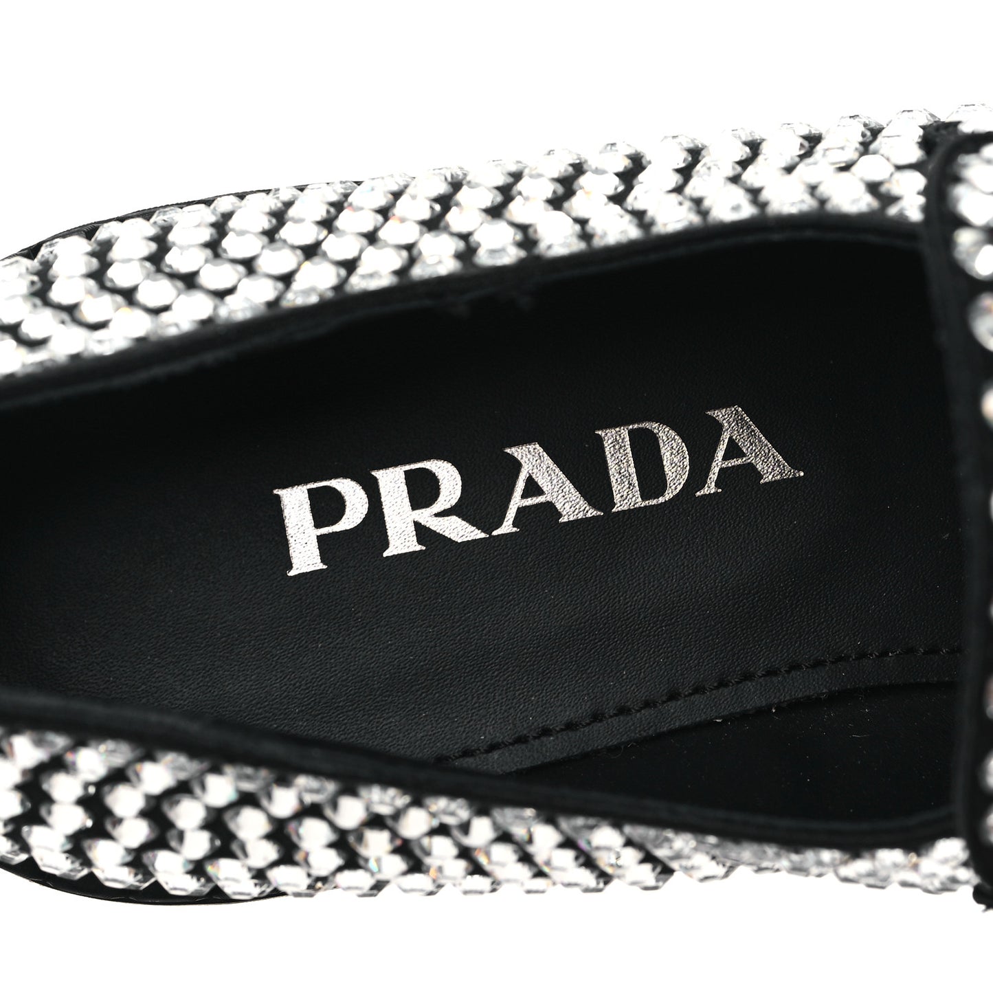 Satin Crystal Metal Triangle Logo 50mm Loafers 38 Cristal