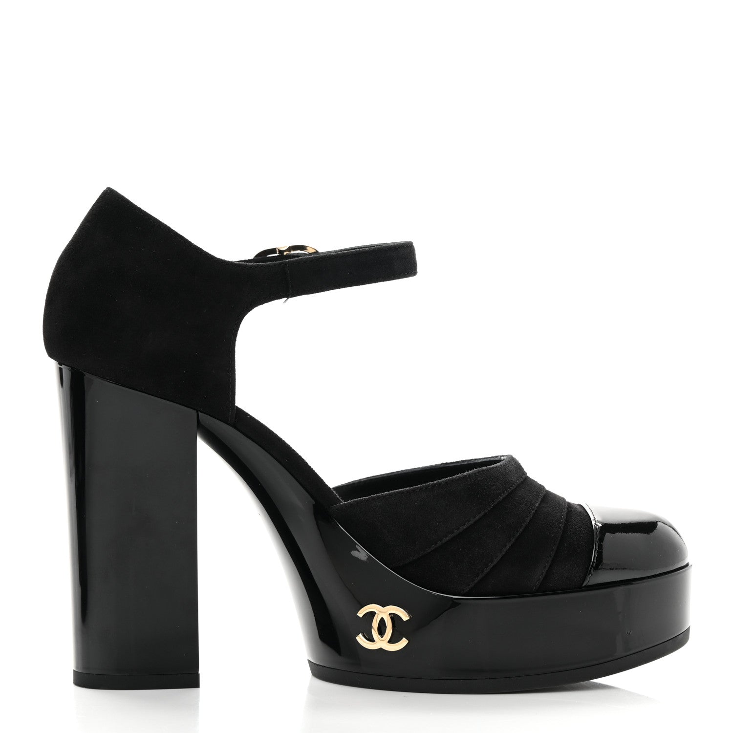 Chanel Patent Suede CC Platform Pumps 37.5 Black 5 of 13