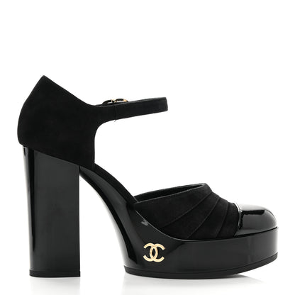 Chanel Patent Suede CC Platform Pumps 37.5 Black 5 of 13