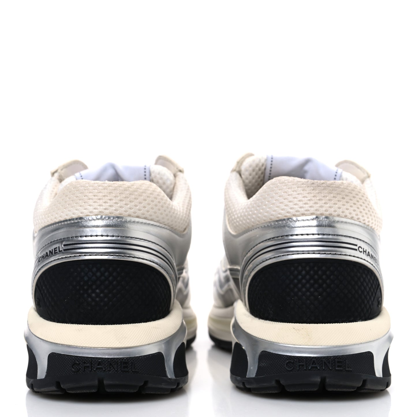 Fabric Laminated Calfskin Stretch CC Womens Sneakers 40 White Silver