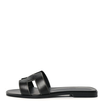 Hermes Box Calfskin Oran Sandals 37.5 Black 1 of 9