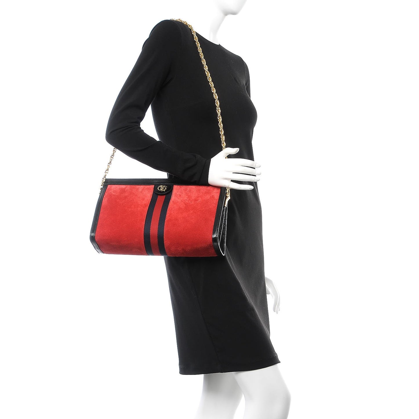 Suede Patent Web Medium Ophidia Chain Shoulder Bag Hibiscus Red Black