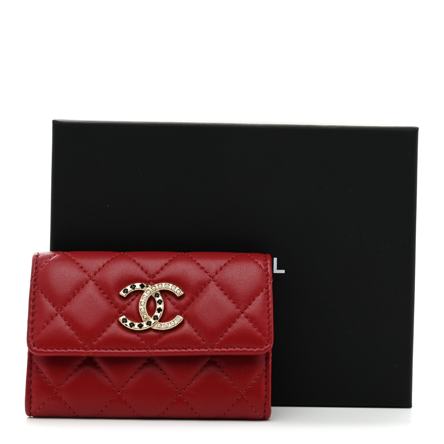 Chanel Lambskin Pearl Enamel Quilted Flap Card Holder Red 9 of 9
