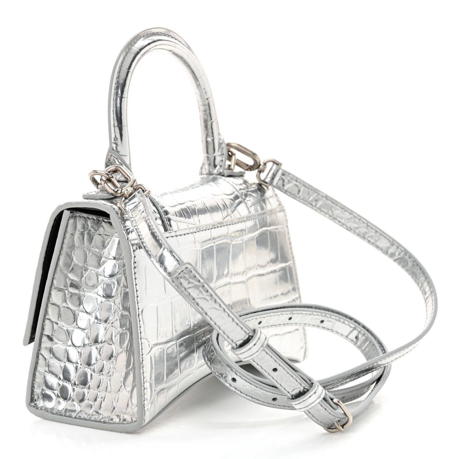 Balenciaga Metallic Calfskin Crocodile Embossed Crystal Hourglass Top Handle Bag XS Silver 3 of 12