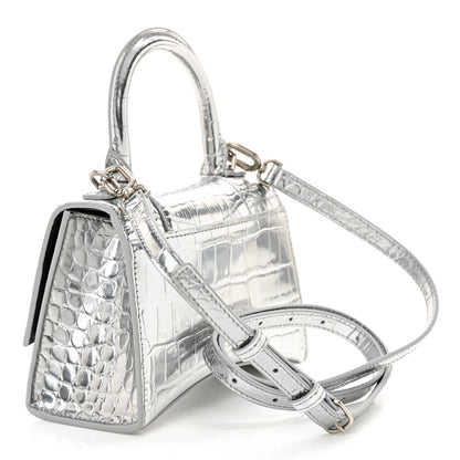 Balenciaga Metallic Calfskin Crocodile Embossed Crystal Hourglass Top Handle Bag XS Silver 3 of 12