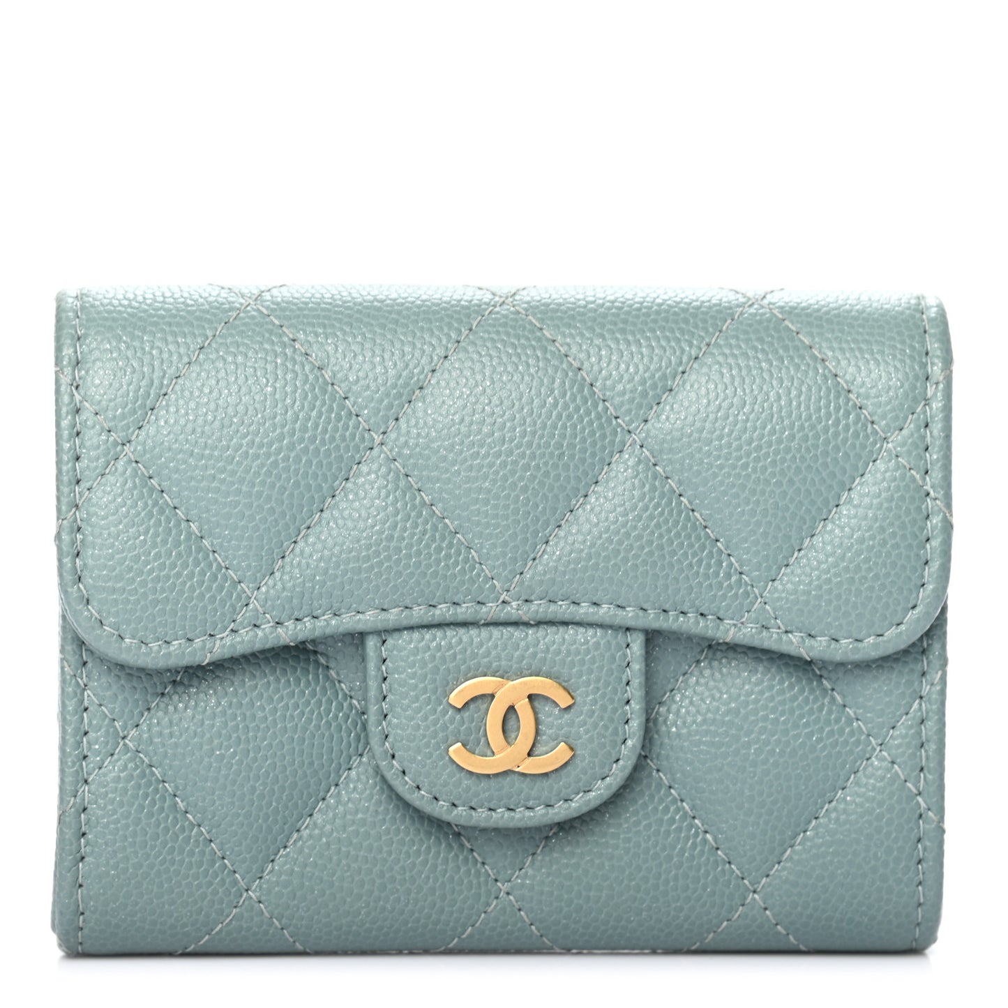 Iridescent Caviar Quilted Flap Card Holder Wallet Light Blue