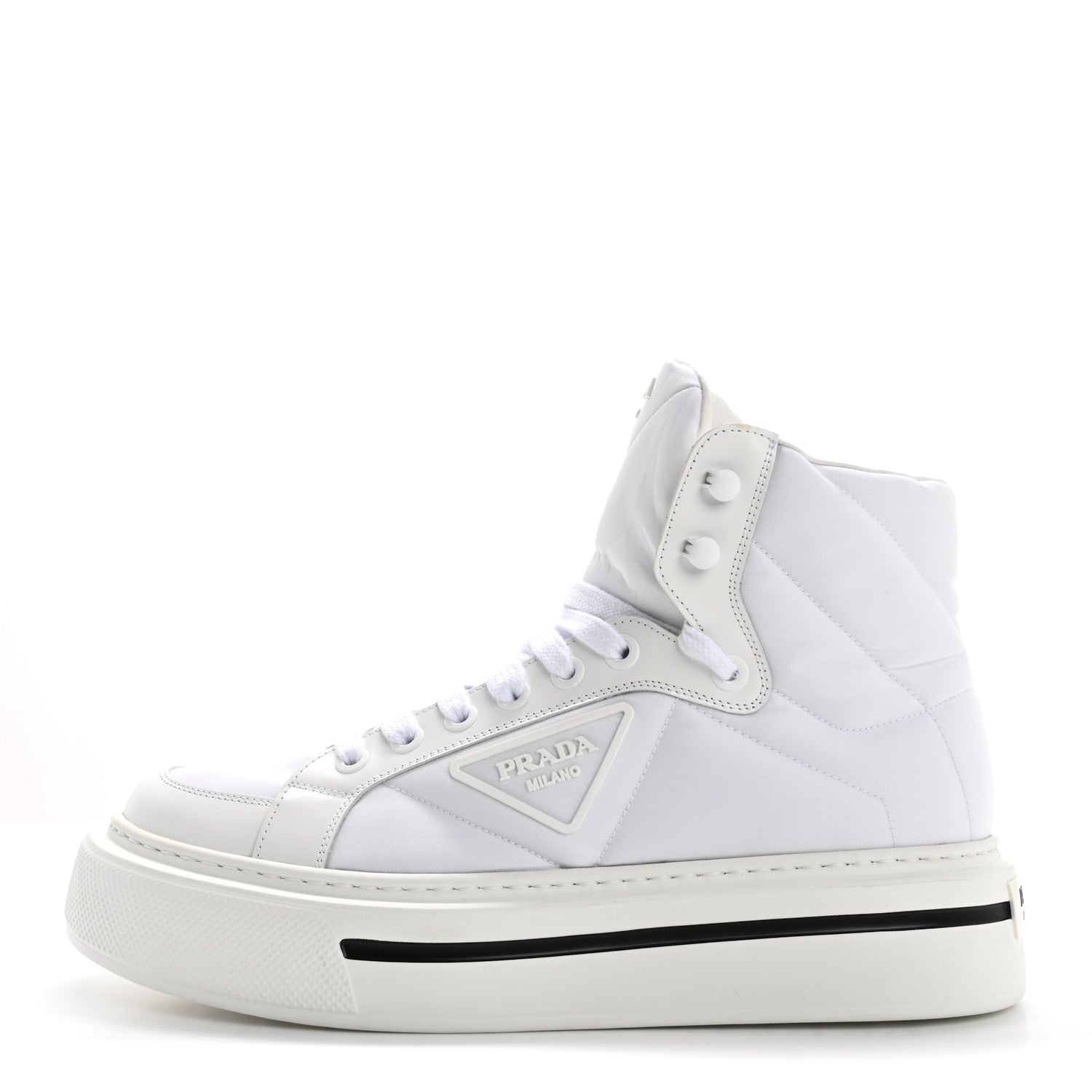 Prada Re-Nylon Gabardine Spazzolato Macro Quilted Triangle Logo Mens High Top 45mm Sneakers 8.5 White 1 of 10