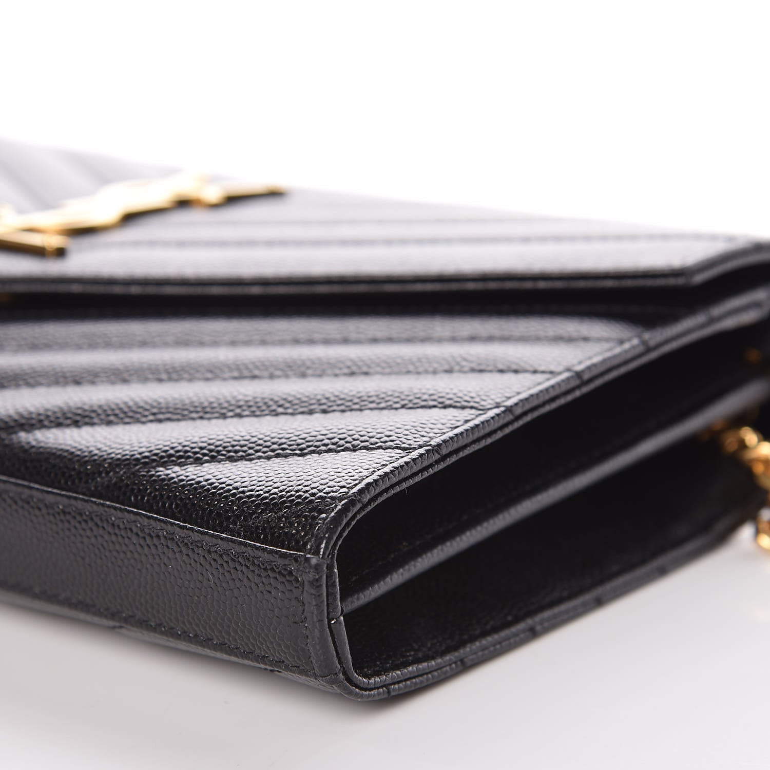 Saint Laurent Grain De Poudre Matelasse Chevron Monogram Chain Wallet Black 6 of 17
