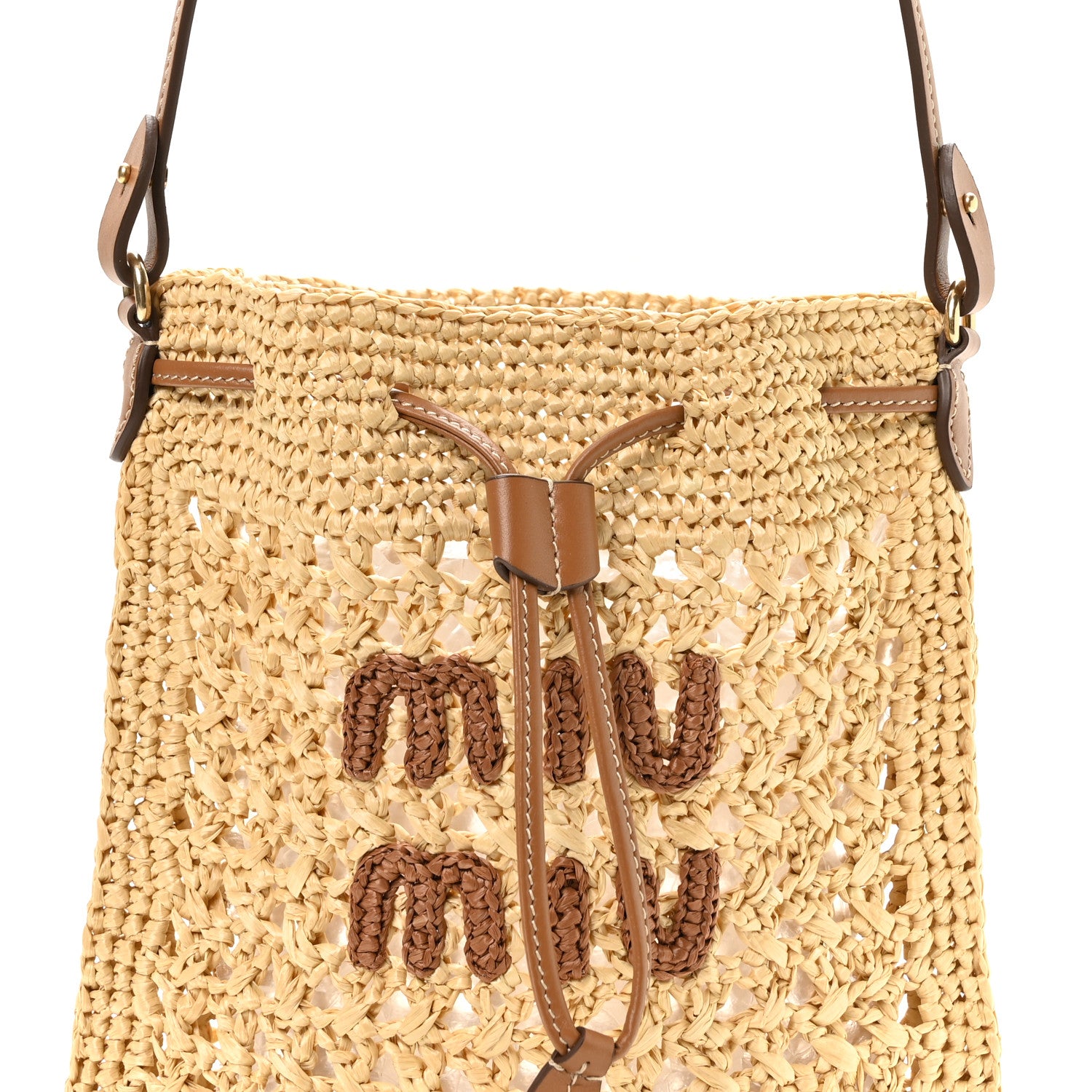 Miu Miu Raffia Crochet Drawstring Pouch Naturale Cognac 1937506