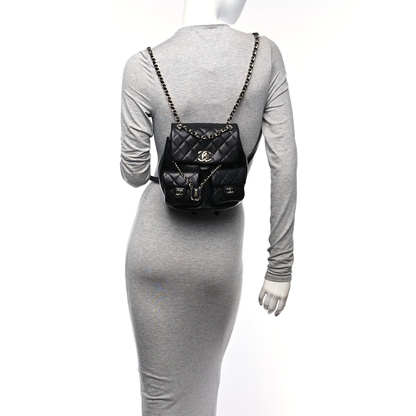 Shiny Caviar Quilted Medium Duma Pockets Drawstring Backpack Black