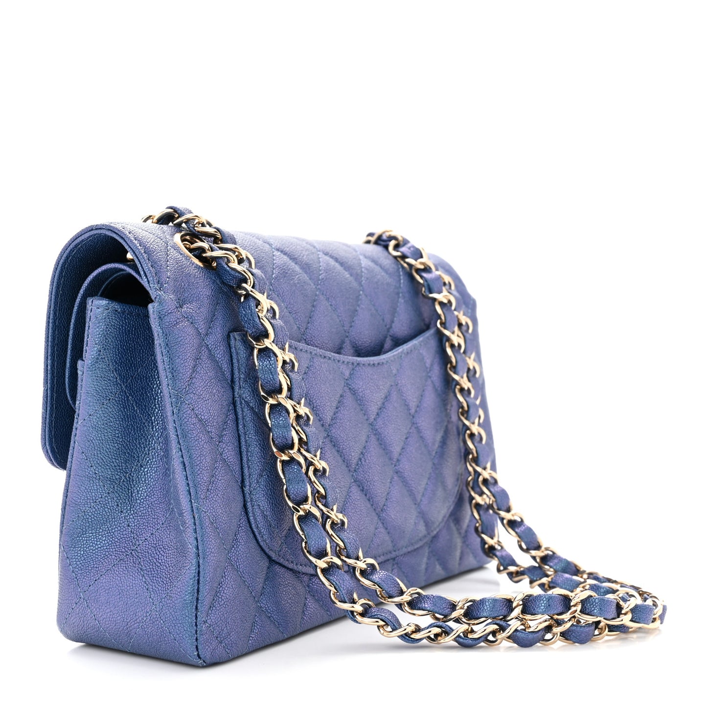 Iridescent Caviar Quilted Small Double Flap Dark Blue