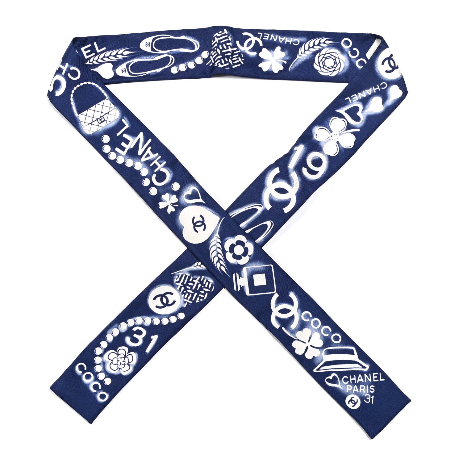Chanel Silk CC Slim Bandeau Scarf Navy Ivory 1 of 3