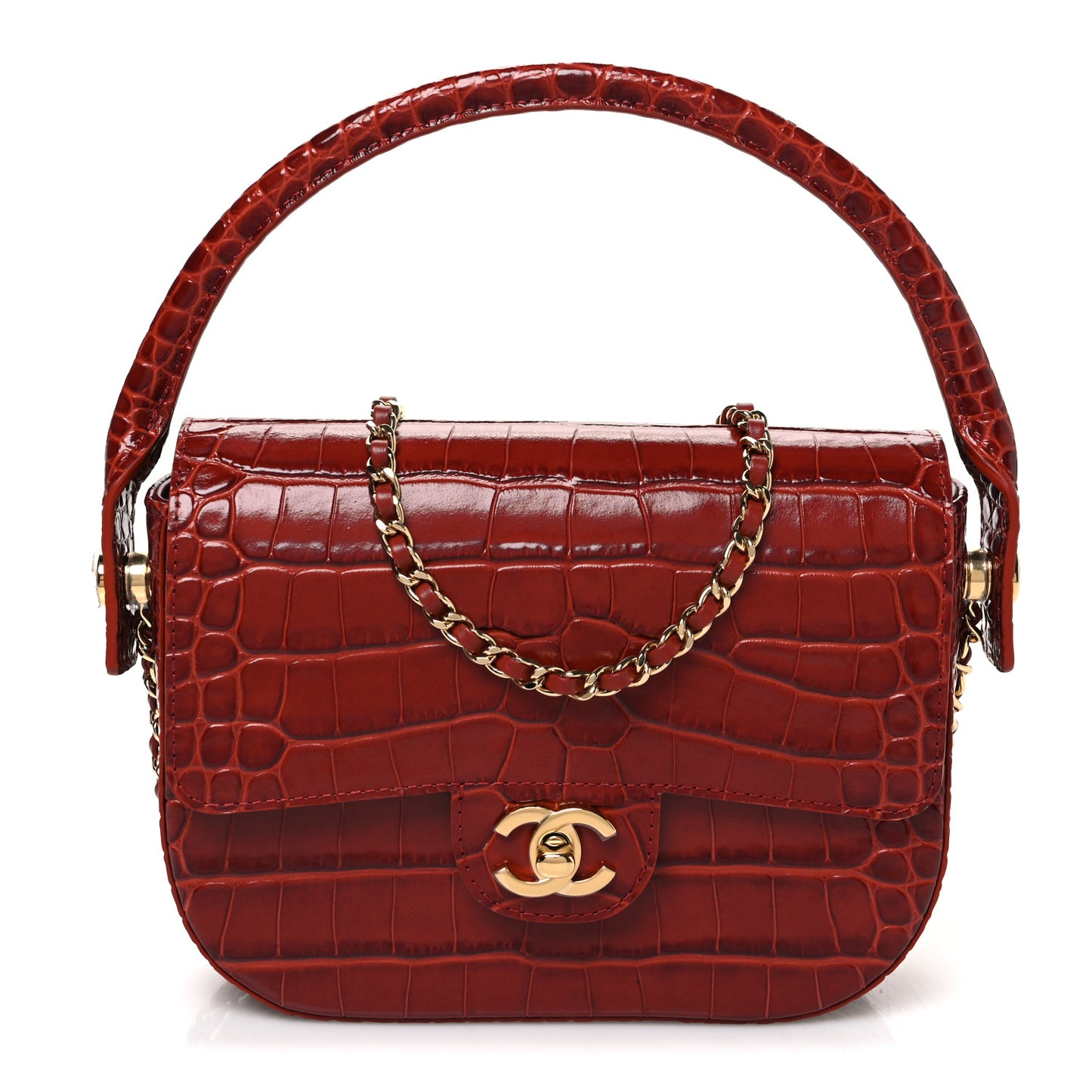 Calfskin Crocodile Embossed Turn Around Mini Top Handle Flap Burgundy