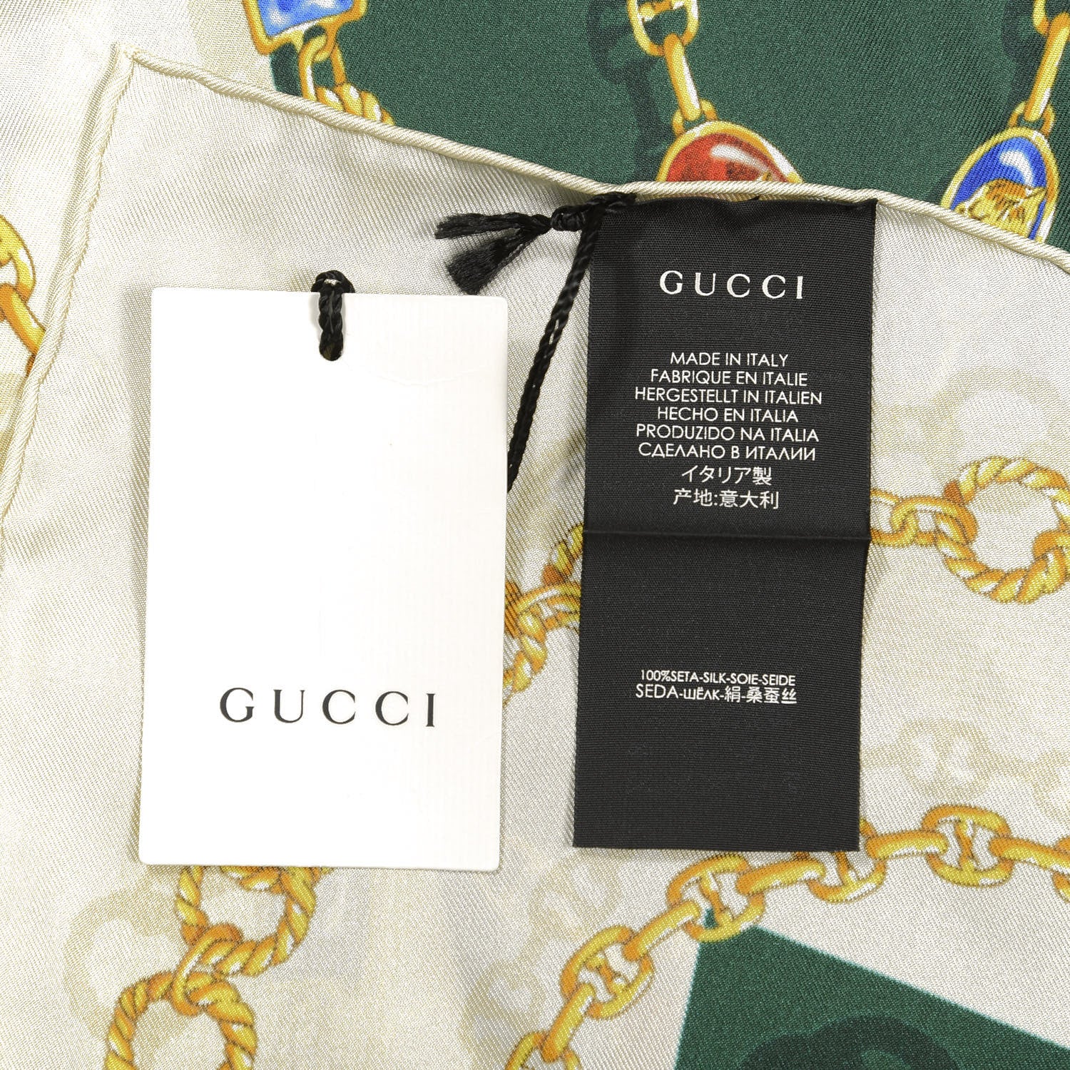 Gucci Silk Twill Chain Print Square Scarf Ivory Dark Green 2 of 3
