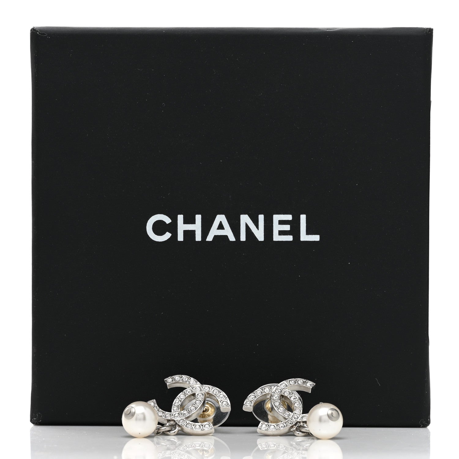 Chanel Pearl Crystal CC Drop Earrings Silver Pearly White 5 of 5