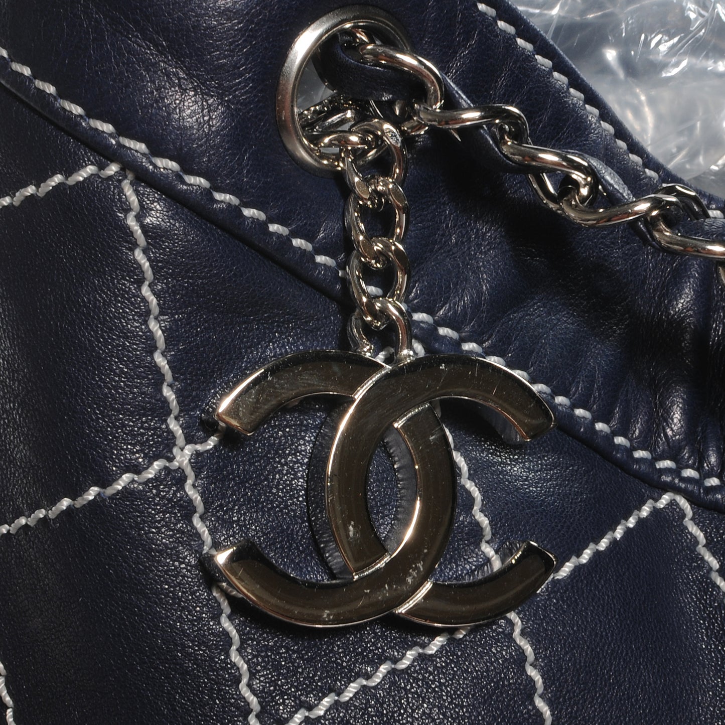 Leather Contrast Stitch Drawstring Tote Navy