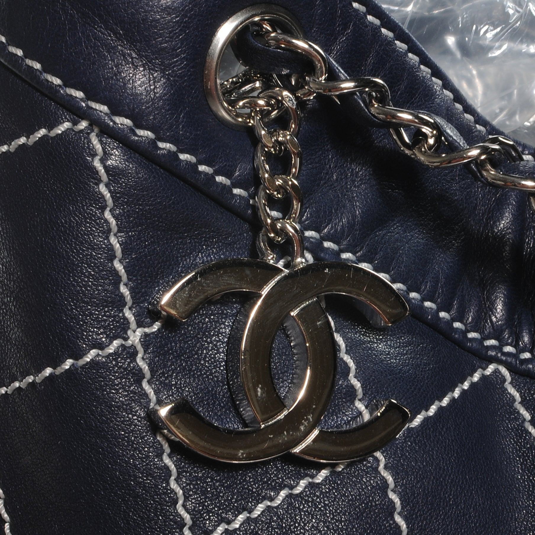 Chanel Leather Contrast Stitch Drawstring Tote Navy 5 of 9