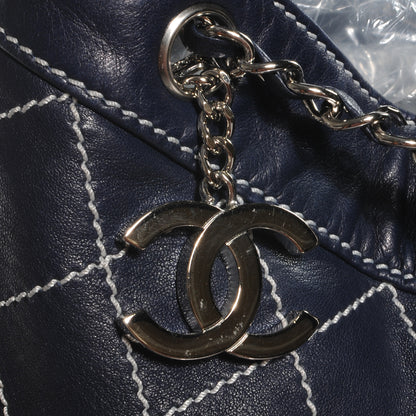 Chanel Leather Contrast Stitch Drawstring Tote Navy 5 of 9