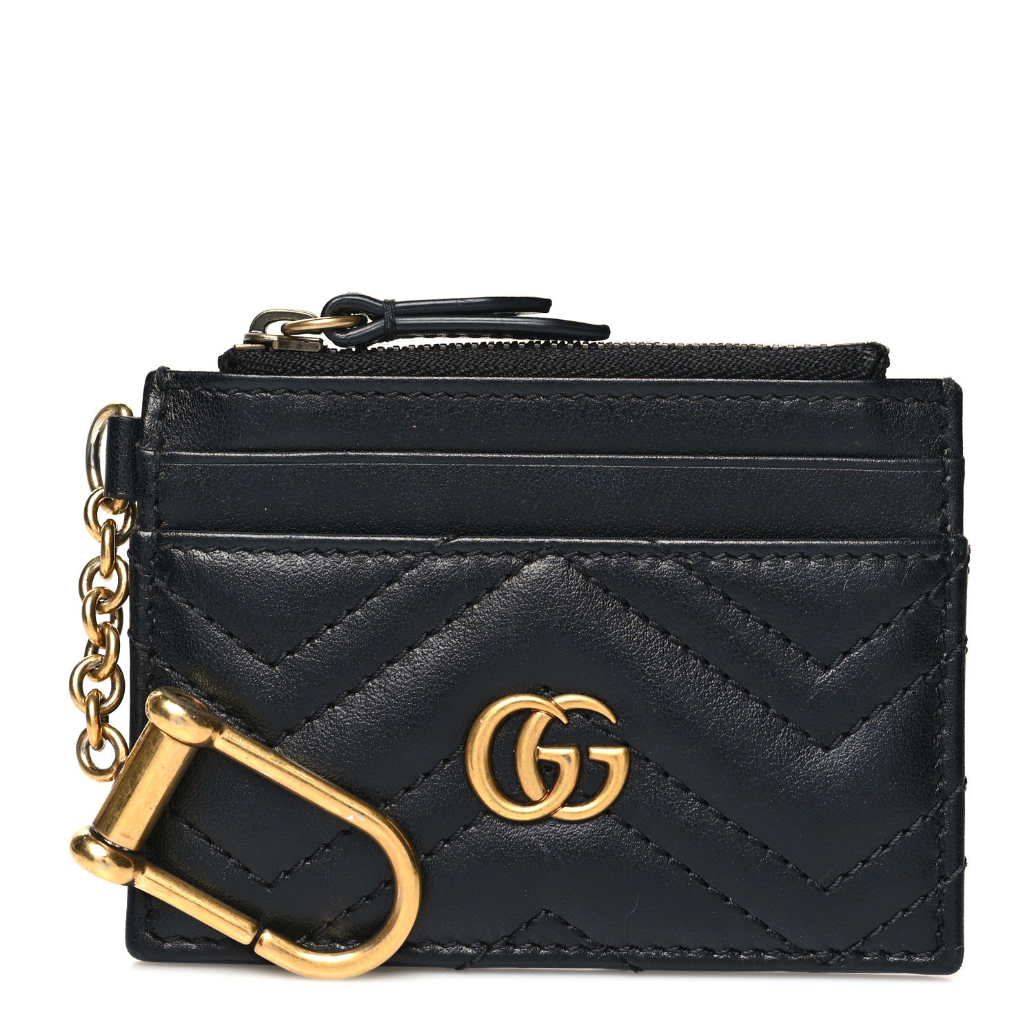 Gucci Calfskin Matelasse Chevron GG Marmont Key Case Card Holder Black 1 of 7
