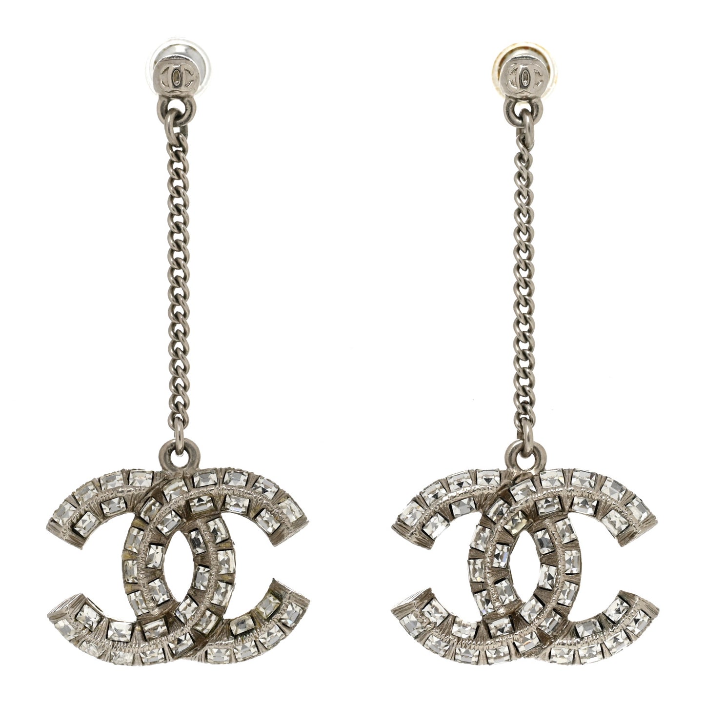 Baguette Crystal CC Drop Earrings Silver