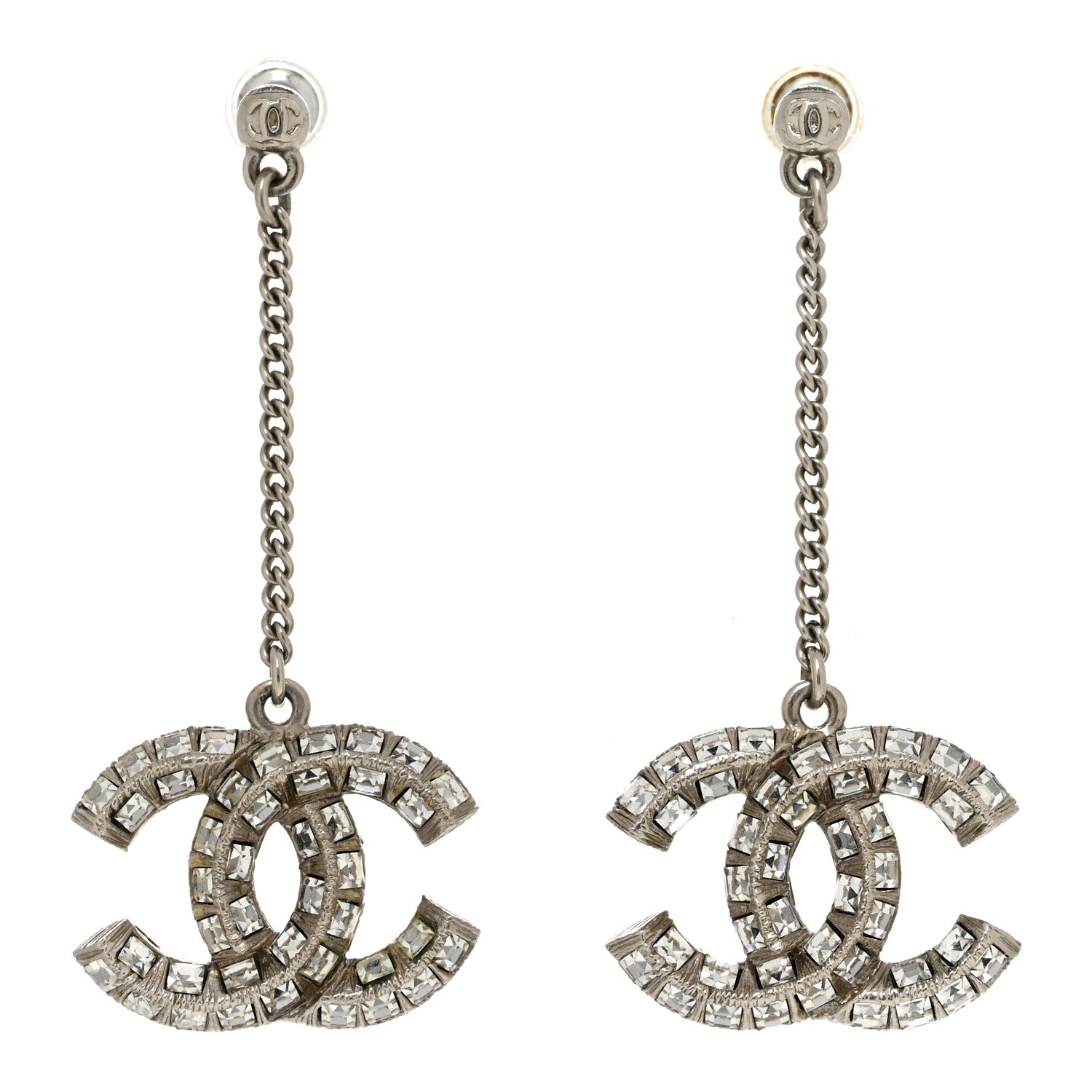 Chanel Baguette Crystal CC Drop Earrings Silver 1 of 4