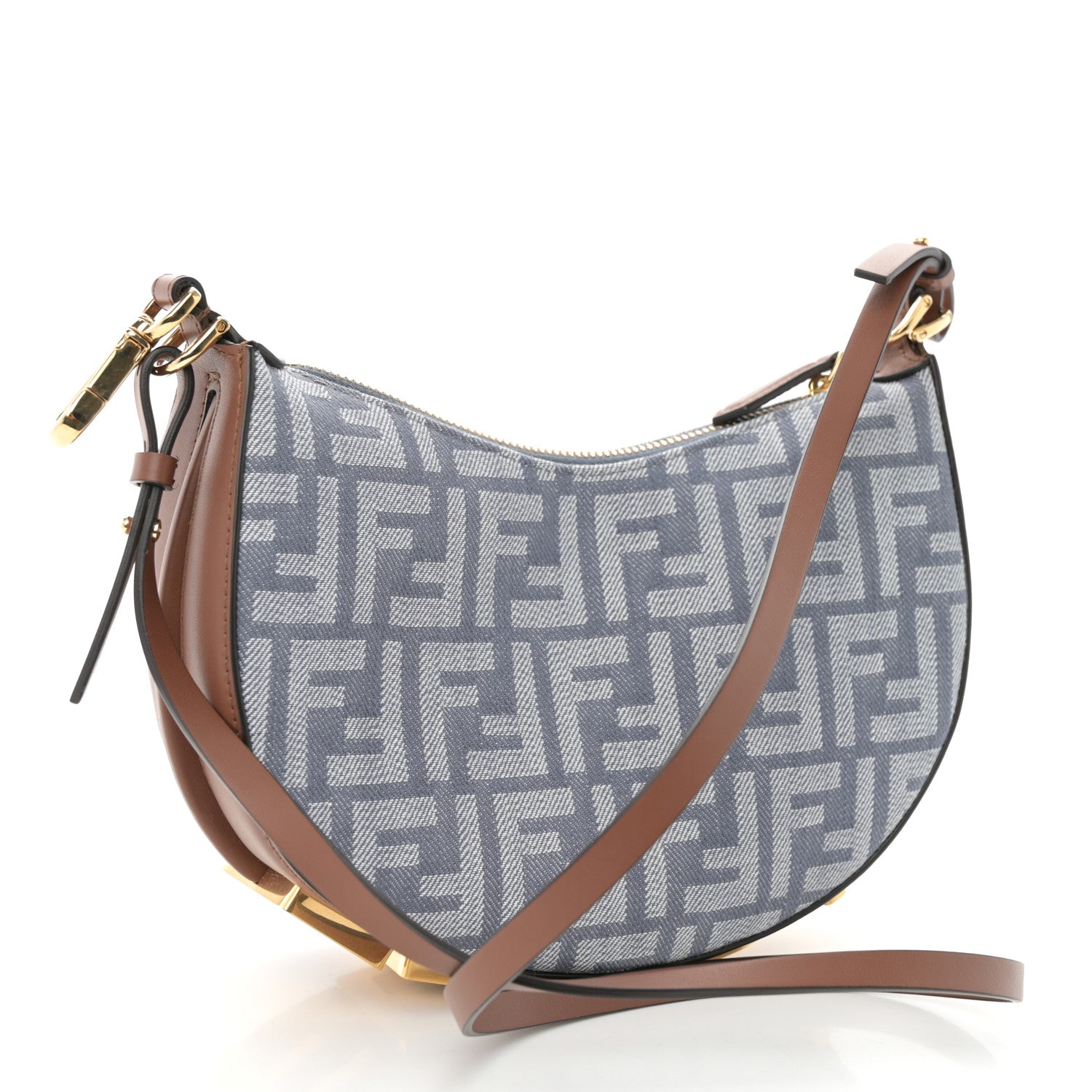 Fendi Denim Vitello King F is Fendi FF Embroidered Mini Fendigraphy Hobo Bag Blue Brown 3 of 10