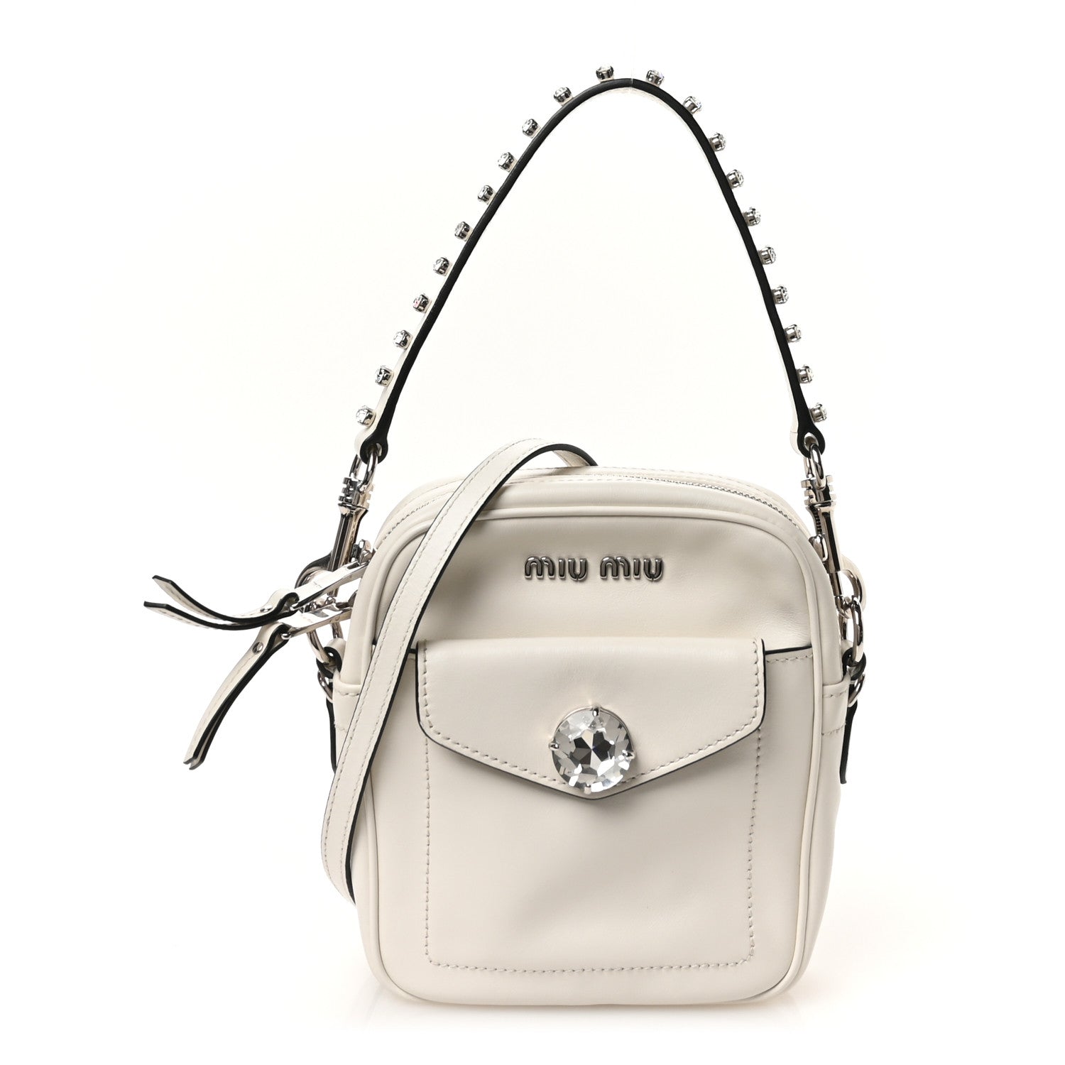 Miu Miu Vitello Soft Calfskin Crystal Embellished Solitaire Camera Bag White 1 of 10