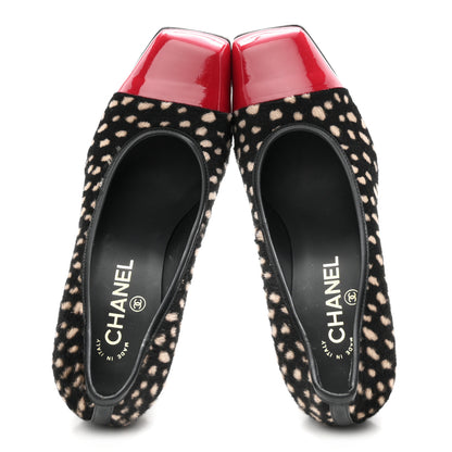 Chanel Pony Hair Lambskin Patent Cap Toe Pumps 38 Black White Dark Red 2 of 9