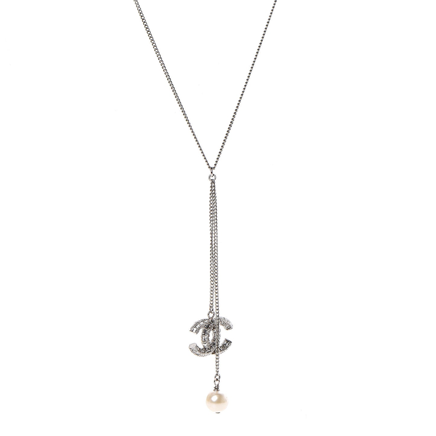 Baguette Crystal Pearl CC Lariat Necklace Silver