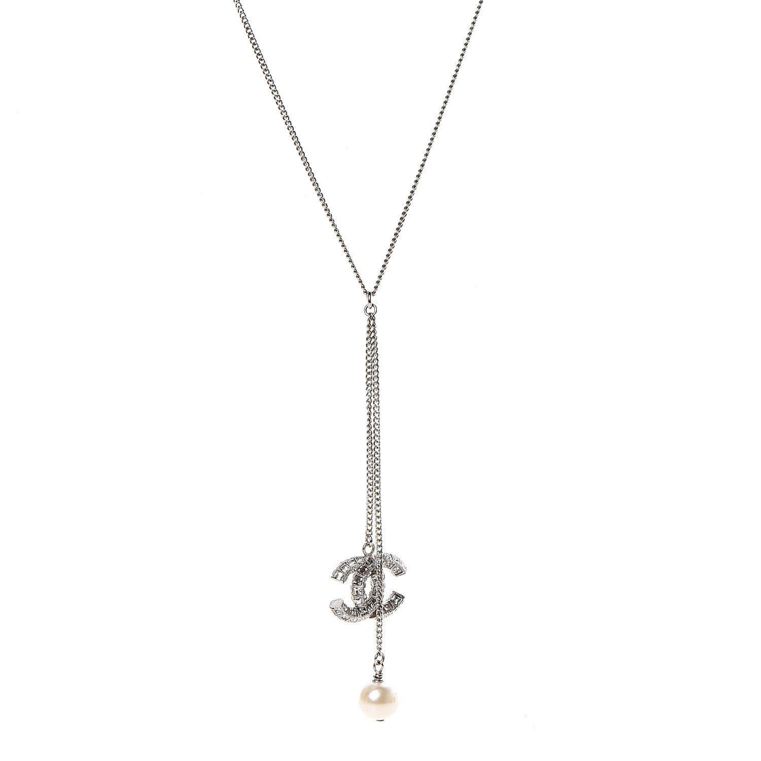 Chanel Baguette Crystal Pearl CC Lariat Necklace Silver 1 of 3