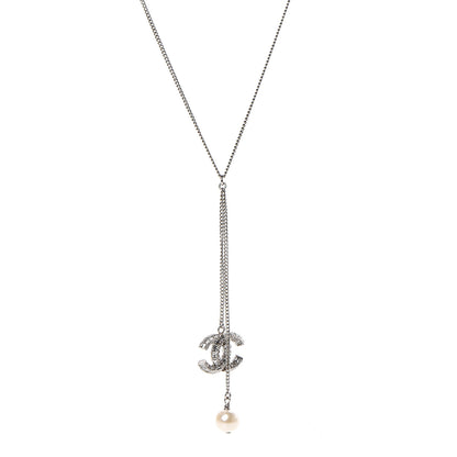 Chanel Baguette Crystal Pearl CC Lariat Necklace Silver 1 of 3