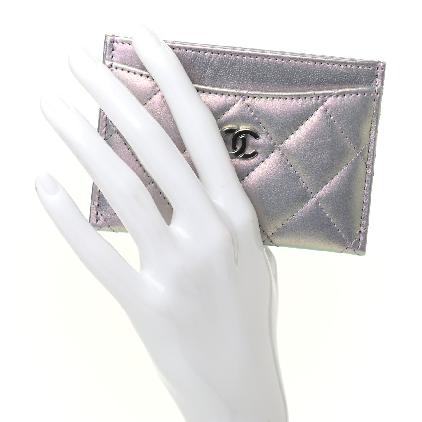Iridescent Calfskin Quilted Card Holder Light Purple