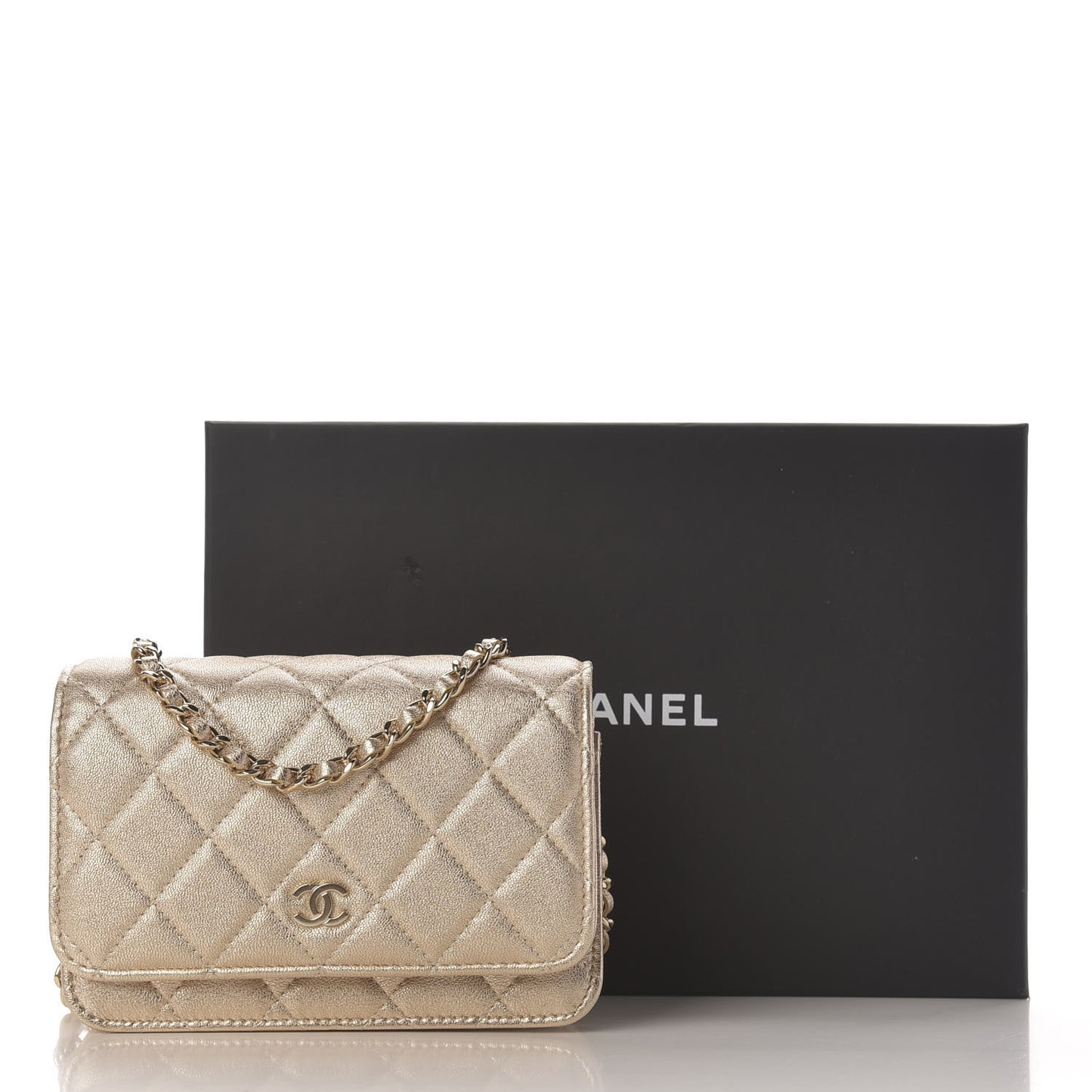 Metallic Lambskin Quilted Mini Wallet On Chain WOC Gold