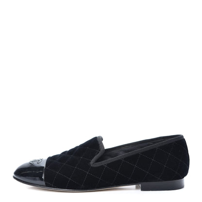 Chanel Velvet Quilted Cap Toe Womens CC Loafers 40 Black 1 of 10