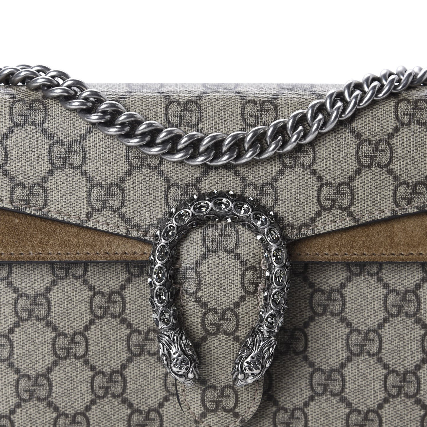 GG Supreme Monogram Suede Crystal Small Dionysus Shoulder Bag Beige Ebony Taupe
