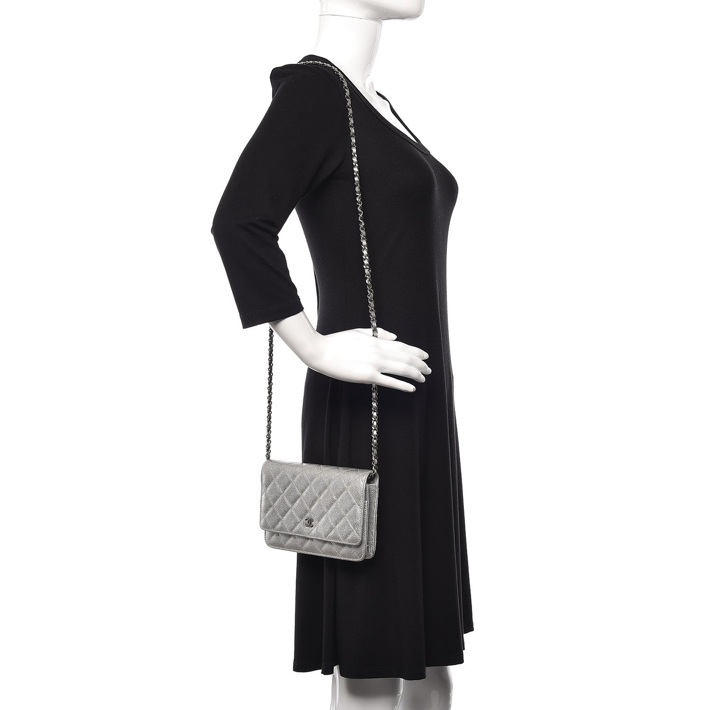Metallic Caviar Quilted Wallet on Chain WOC Silver