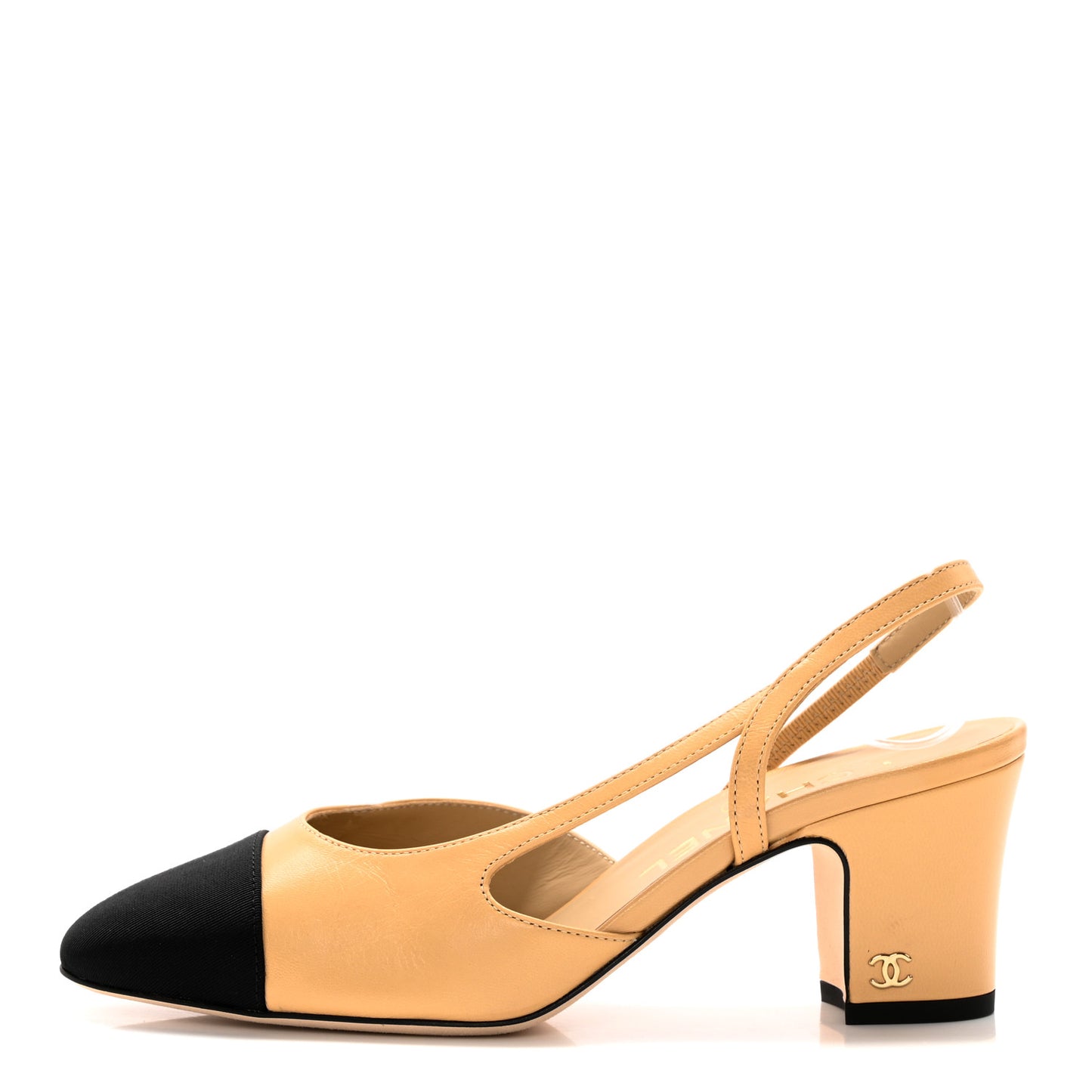 Goatskin Grosgrain Cap Toe CC Slingback Pumps 35.5 Beige Black