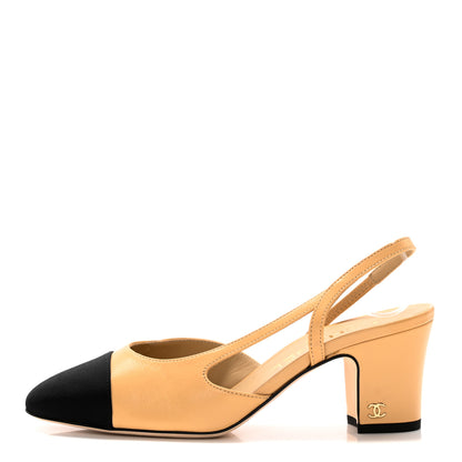Chanel Goatskin Grosgrain Cap Toe CC Slingback Pumps 35.5 Beige Black 1 of 11