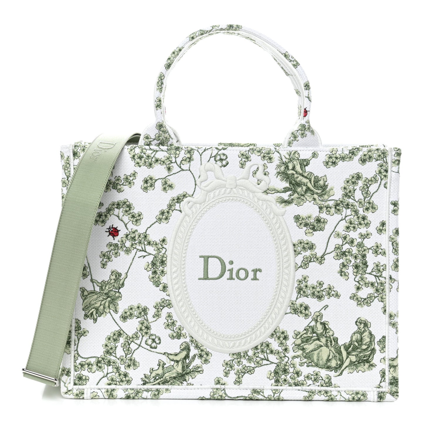Cotton Toile De Jouy Clover Embroidered Dior Medaillon Medium Book Tote With Strap Verde Multicolor