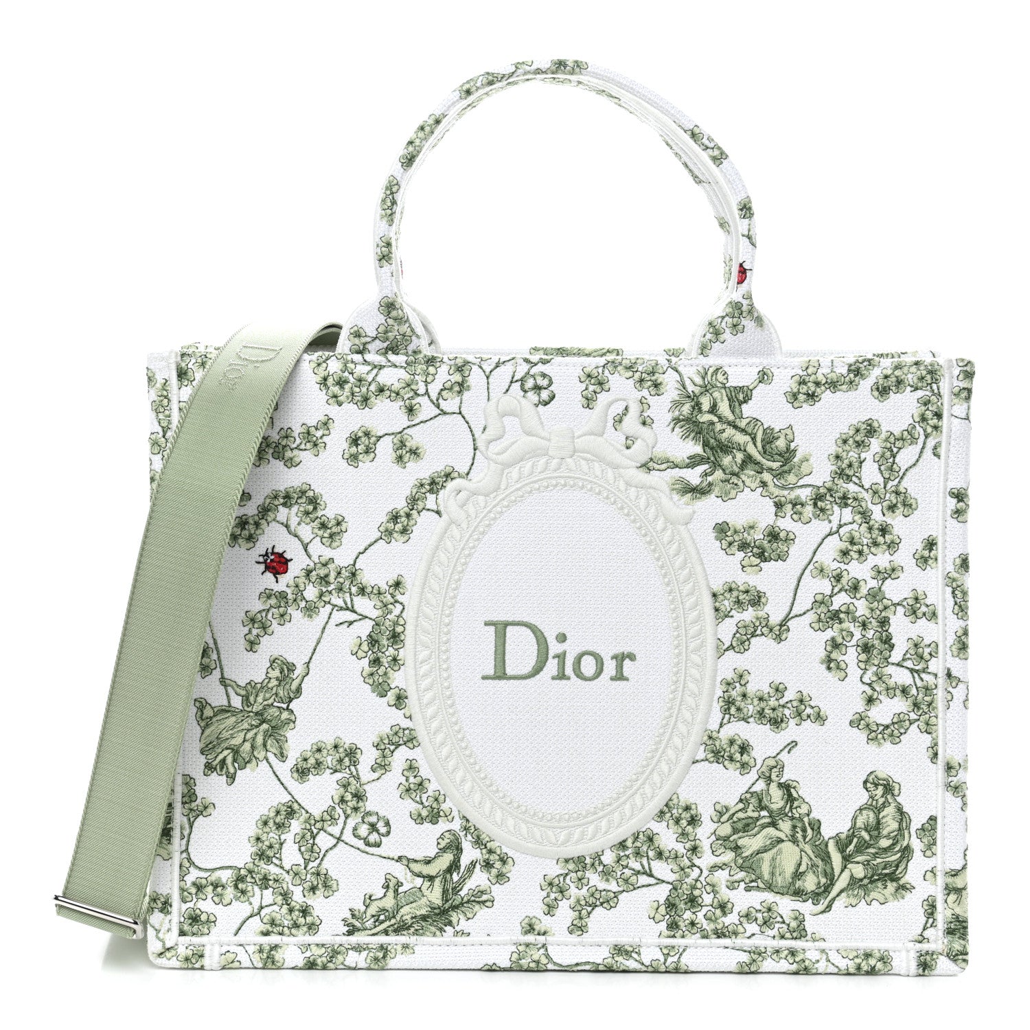 Christian Dior Cotton Toile De Jouy Clover Embroidered Dior Medaillon Medium Book Tote With Strap Verde Multicolor 1 of 12