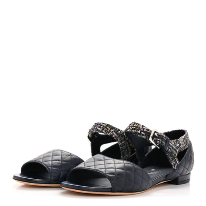 Chanel Tweed Lambskin Sandals 40 Green Navy Silver 4 of 9