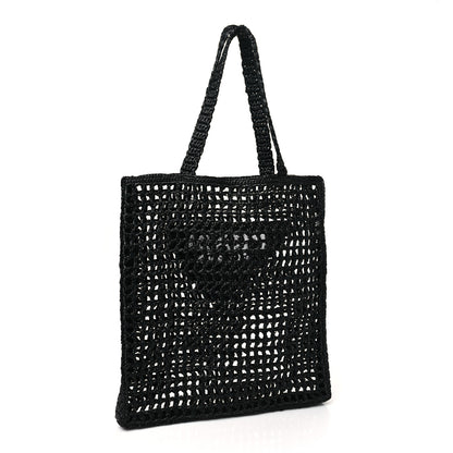 Prada Yarn Raffia Effect Crochet Logo Embroidered Tote Bag Black 3 of 9