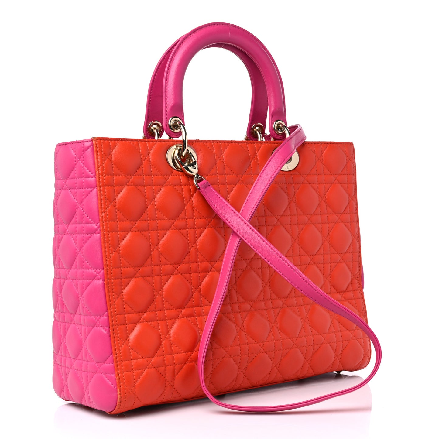 Lambskin Cannage Large Bi-Color Lady Dior Orange Fuchsia