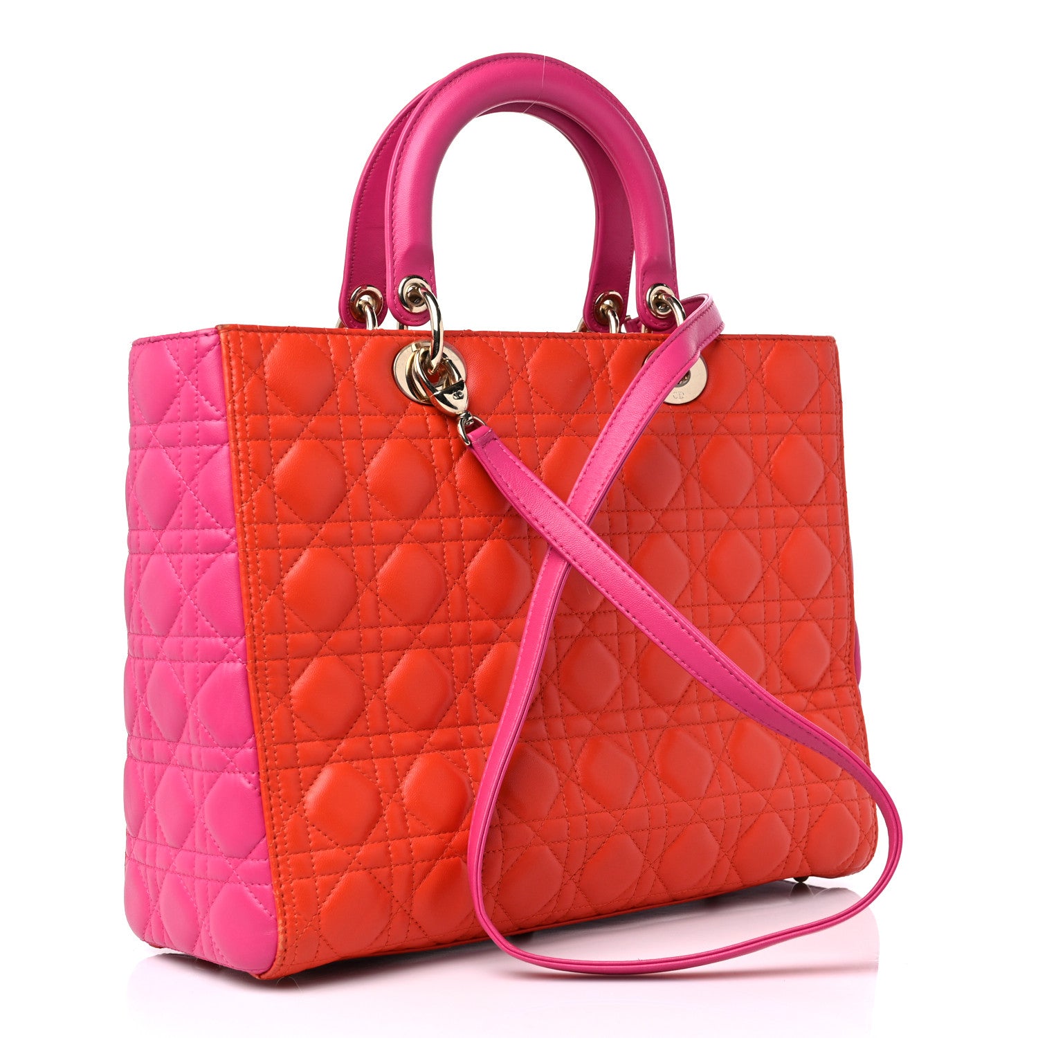 Christian Dior Lambskin Cannage Large Bi-Color Lady Dior Orange Fuchsia 3 of 17