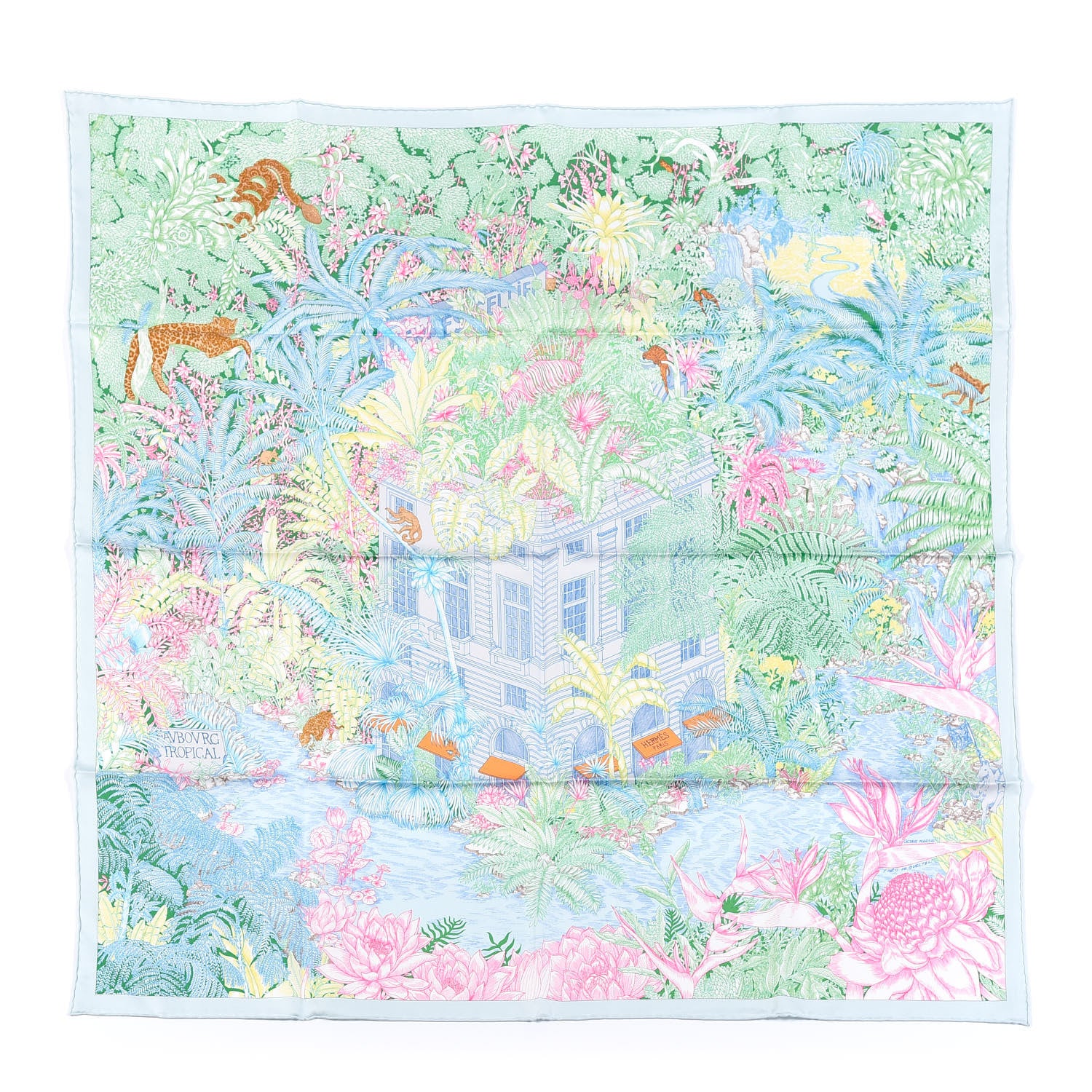 Hermes Silk Twill Faubourg Tropical Scarf 90 Bleu Vert Jaune 1 of 4