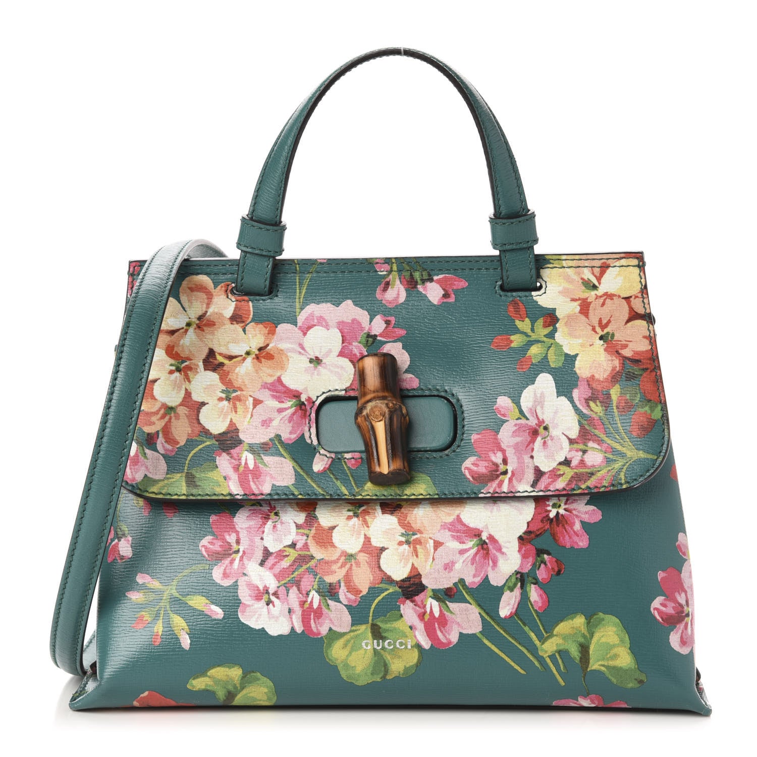 Gucci Shangai Calfskin Blooms Print Small Bamboo Daily Top Handle Bag Clear Bright Emerald Multicolor 1 of 12