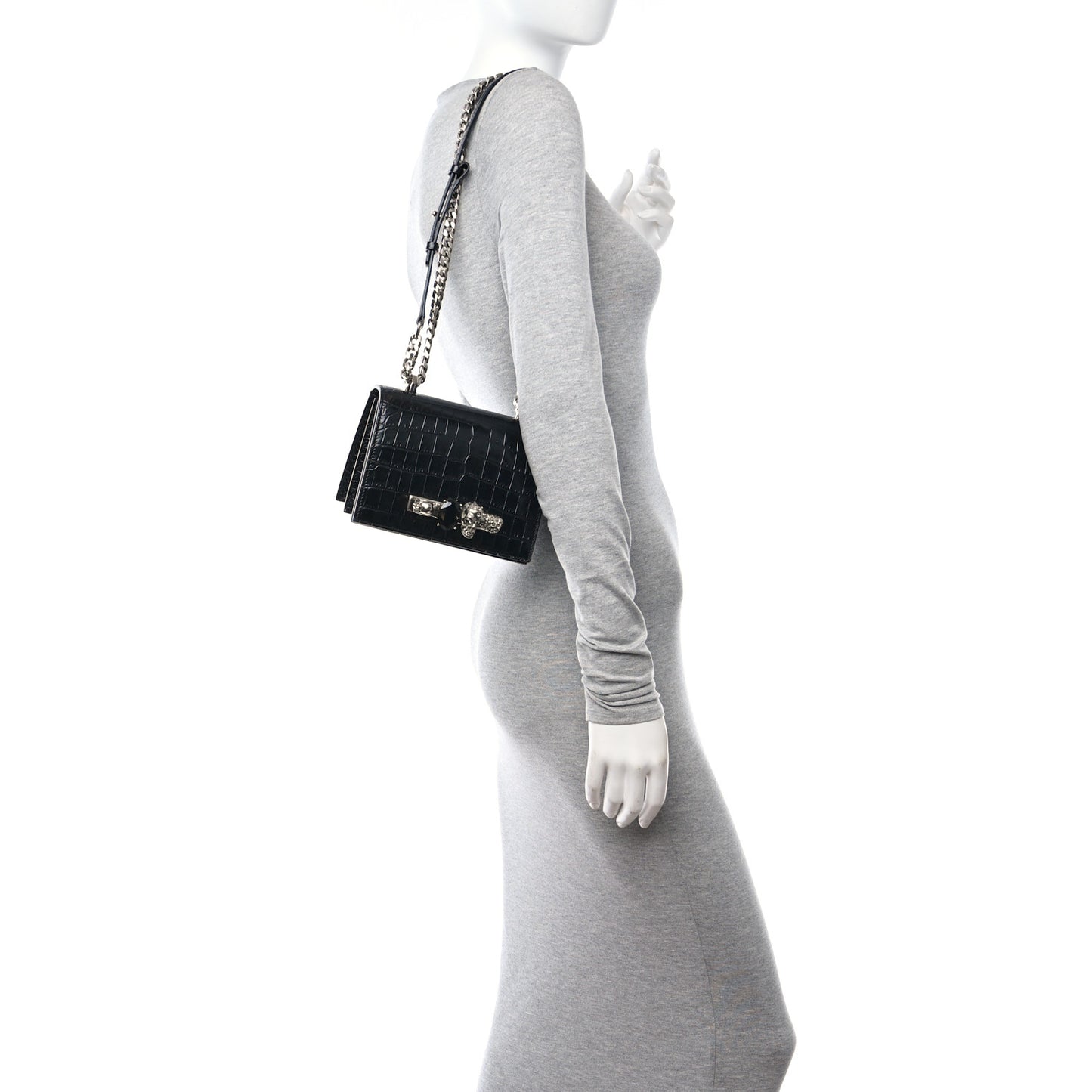 Crocodile Embossed Calfskin Knuckle Crossbody Black