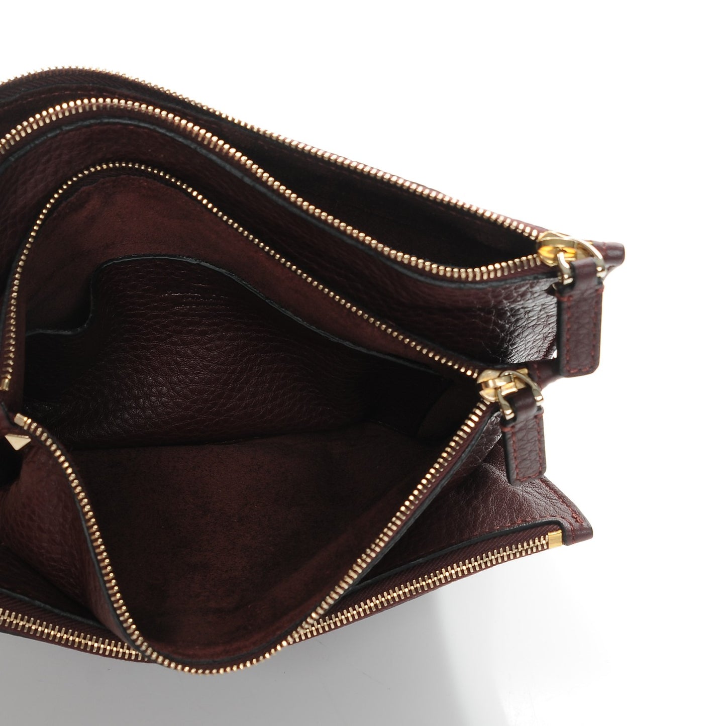 Pebbled Calfskin Rockstud Triple Zip Wristlet Pouch Burgundy